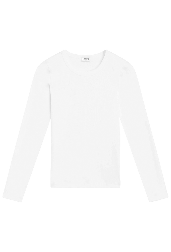 a fitted white long sleeve tee on a transparent background.