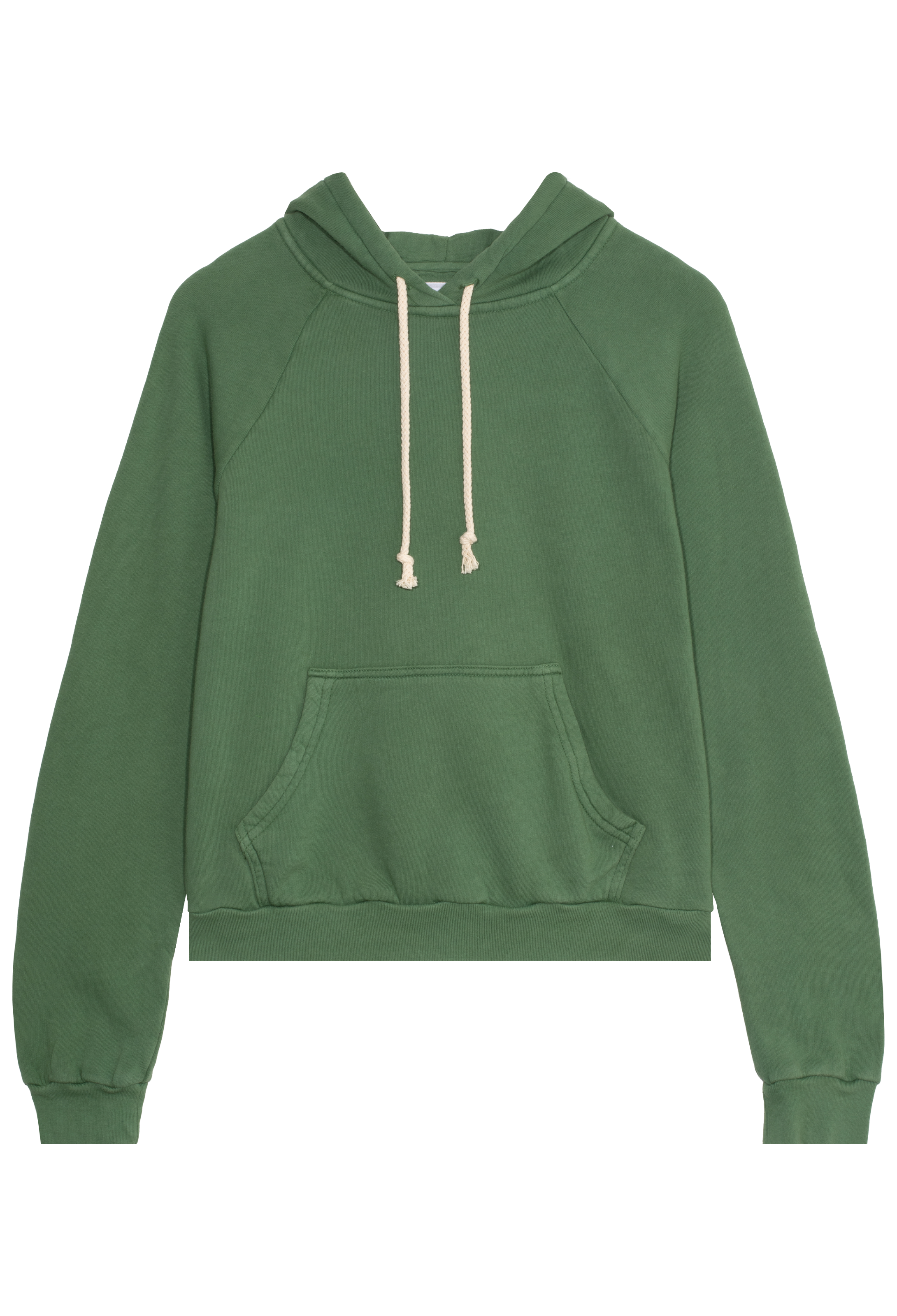 Green hoodie with a cream drawstring on a transparent background