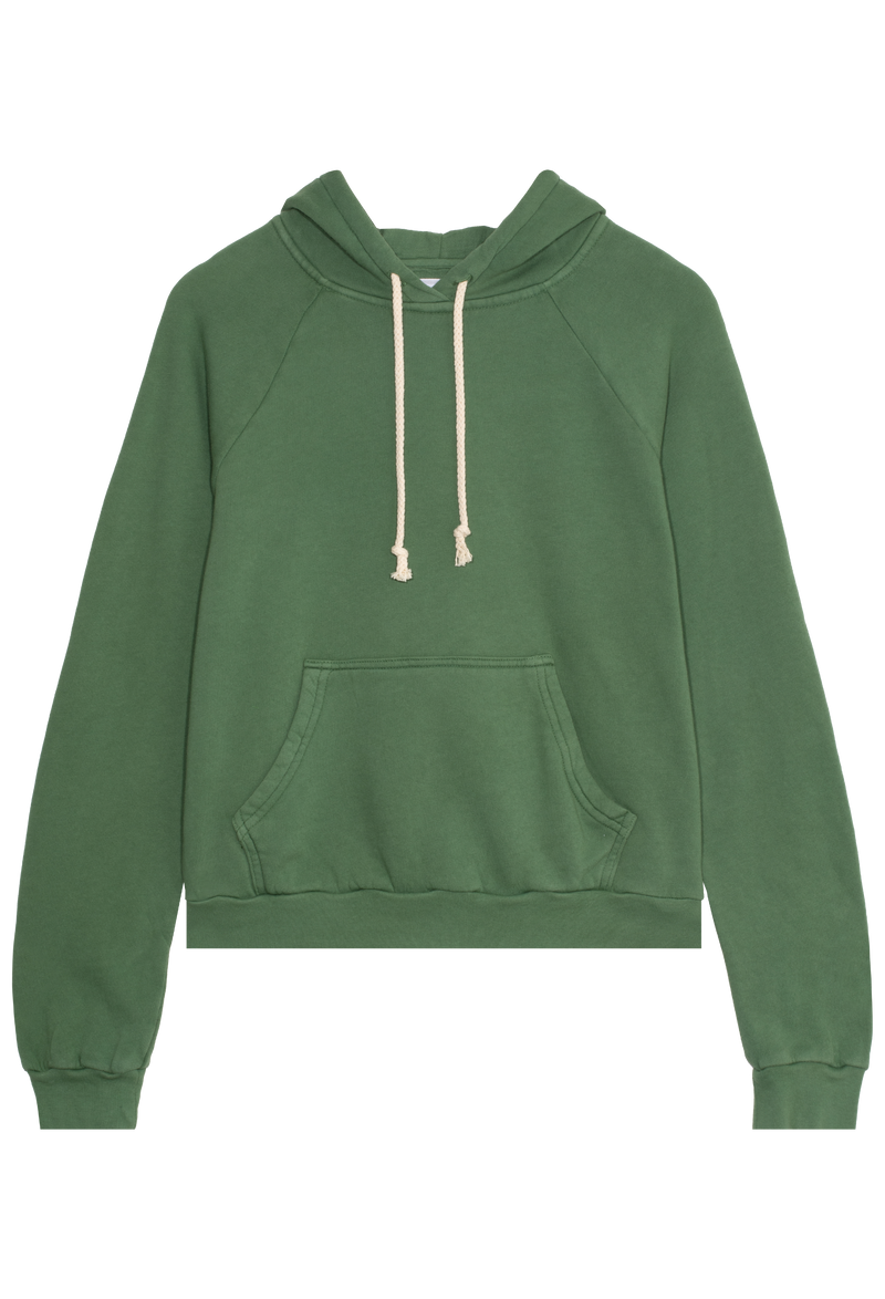 Green hoodie with a cream drawstring on a transparent background