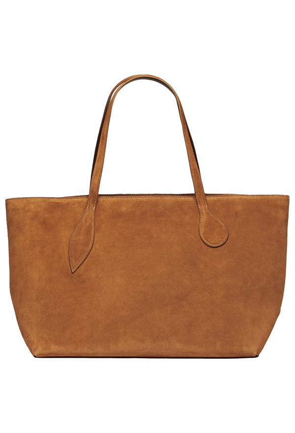 large golden brown suede tote bag on a transparent background