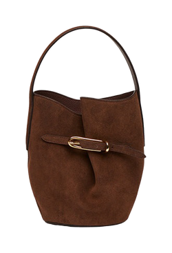 a mini dark brown belted bucket bag with a short strap on a transparent background