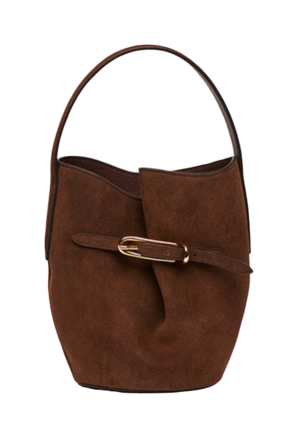 a mini dark brown belted bucket bag with a short strap on a transparent background