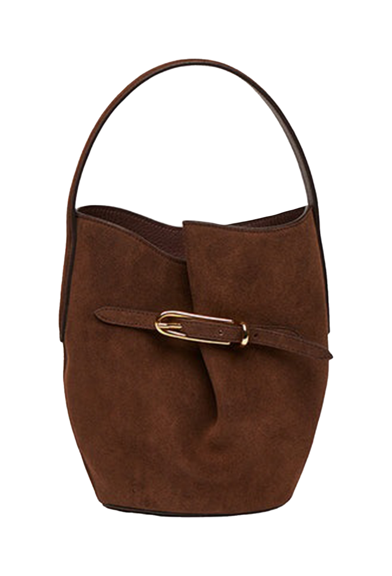 a mini dark brown belted bucket bag with a short strap on a transparent background