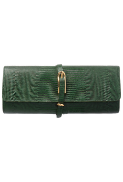 a lizard embossed belted emerald green clutch with a gold buckle on a transparent background.