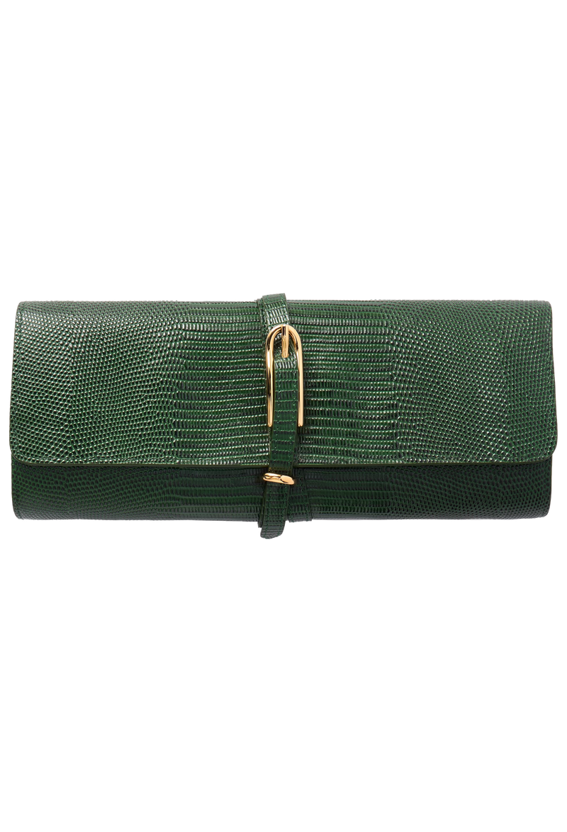 a lizard embossed belted emerald green clutch with a gold buckle on a transparent background.