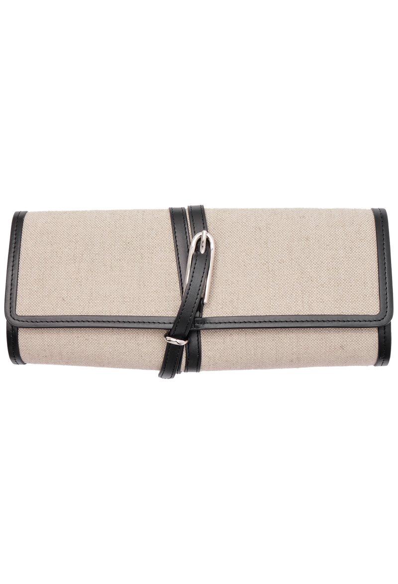 an off-white canvas belted clutch with black leather trim and a silver buckle on a transparent background.