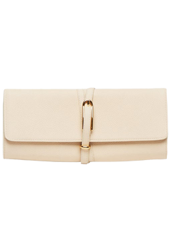 a leather clutch with a wrap around strap and gold buckle. transparent background