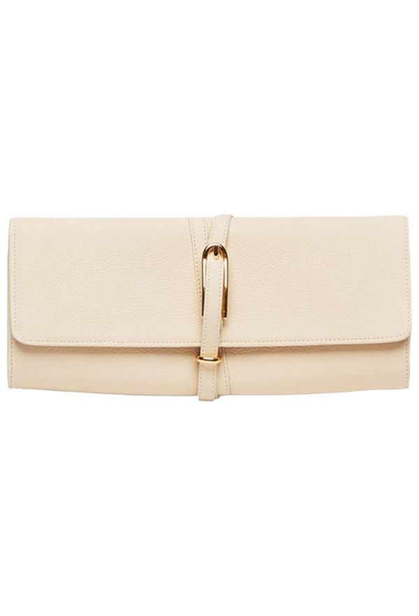 a leather clutch with a wrap around strap and gold buckle. transparent background