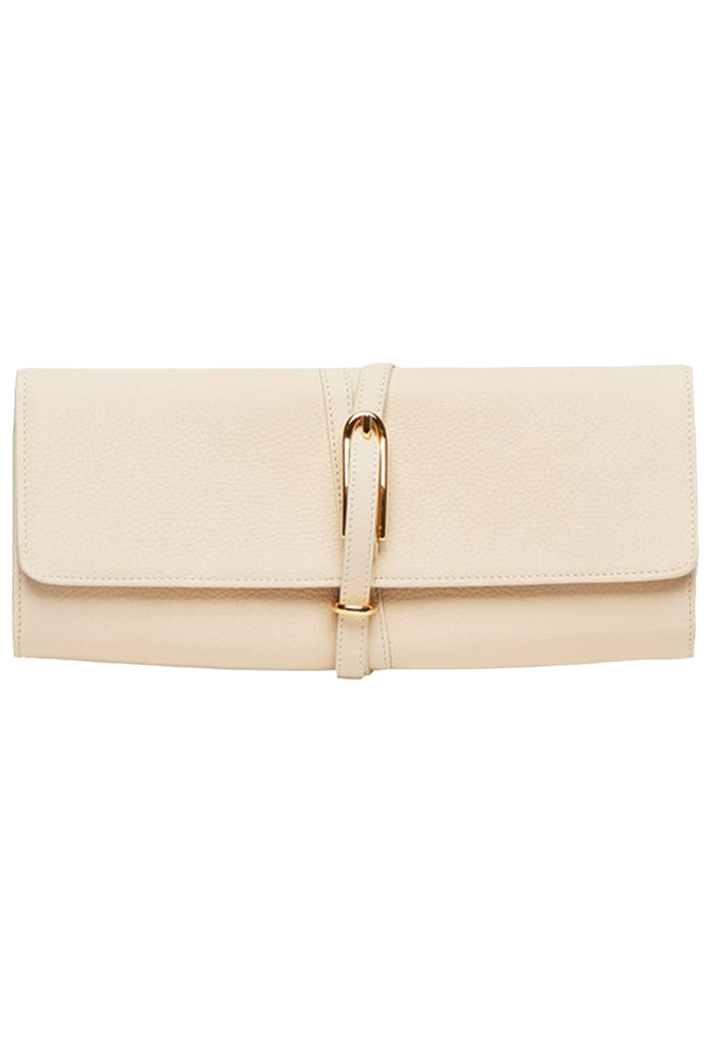 a leather clutch with a wrap around strap and gold buckle. transparent background