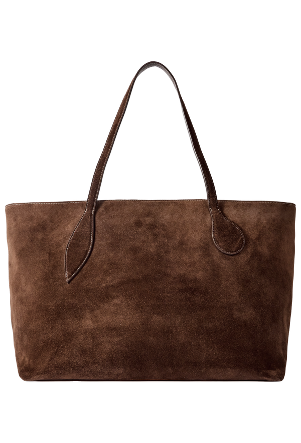 large dark brown suede tote bag on a transparent background