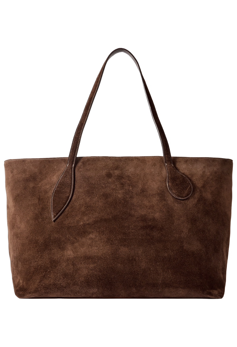 large dark brown suede tote bag on a transparent background