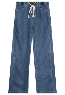 Blue jeans with a drawstring waistband on a transparent background