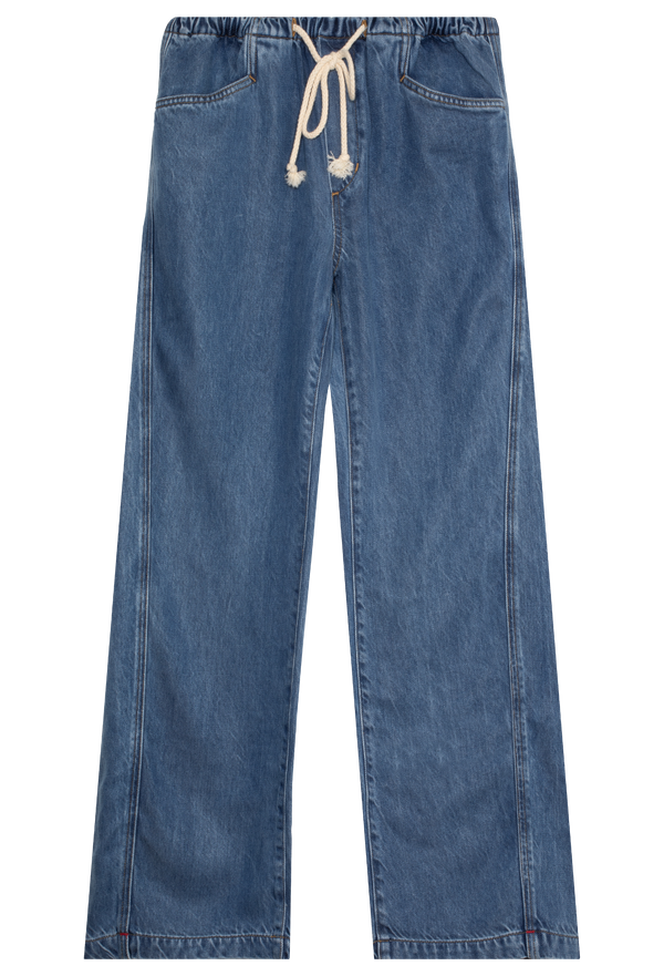 Blue jeans with a drawstring waistband on a transparent background