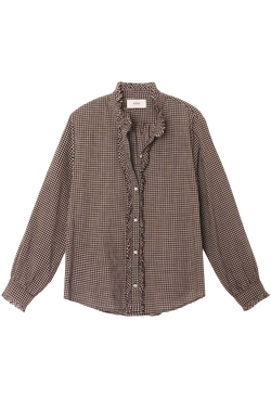 a striped long sleeve button down with a ruffled collar and placket. 