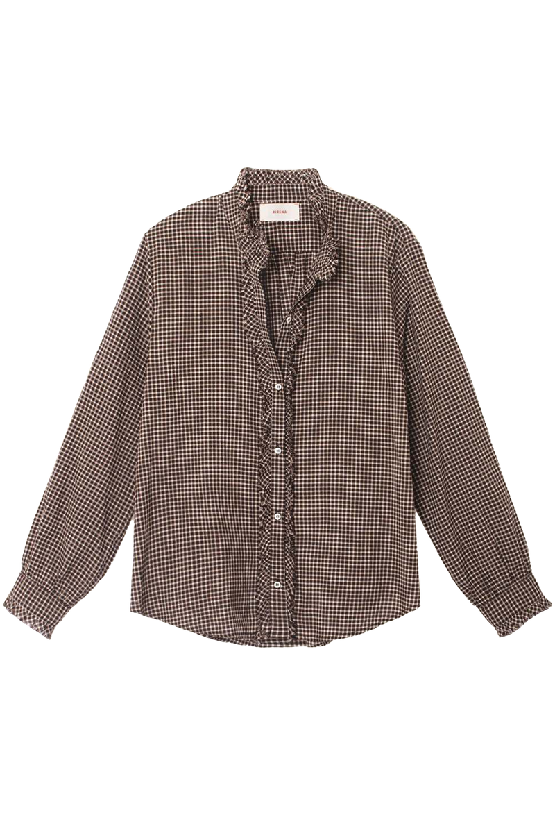 a striped long sleeve button down with a ruffled collar and placket. 