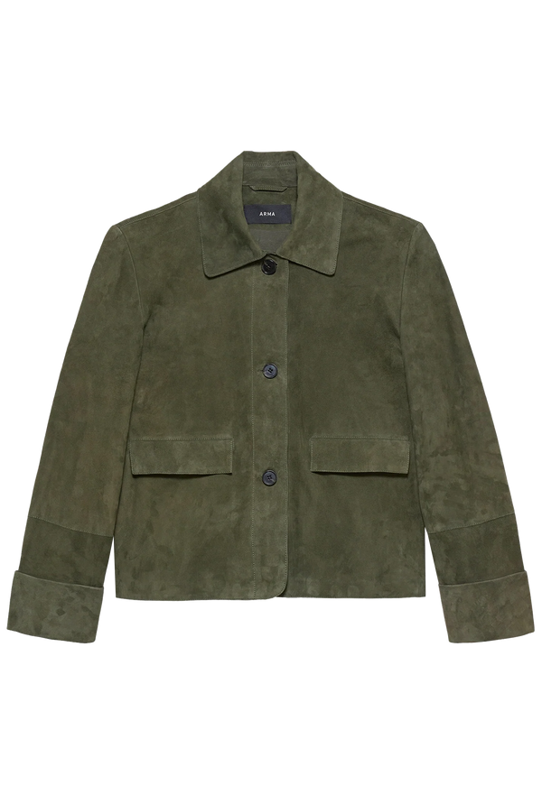 Green suede jacket with flap pockets and black buttons on a transparent background