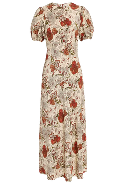 Floral patterned cream and red midi dress on a transparent background