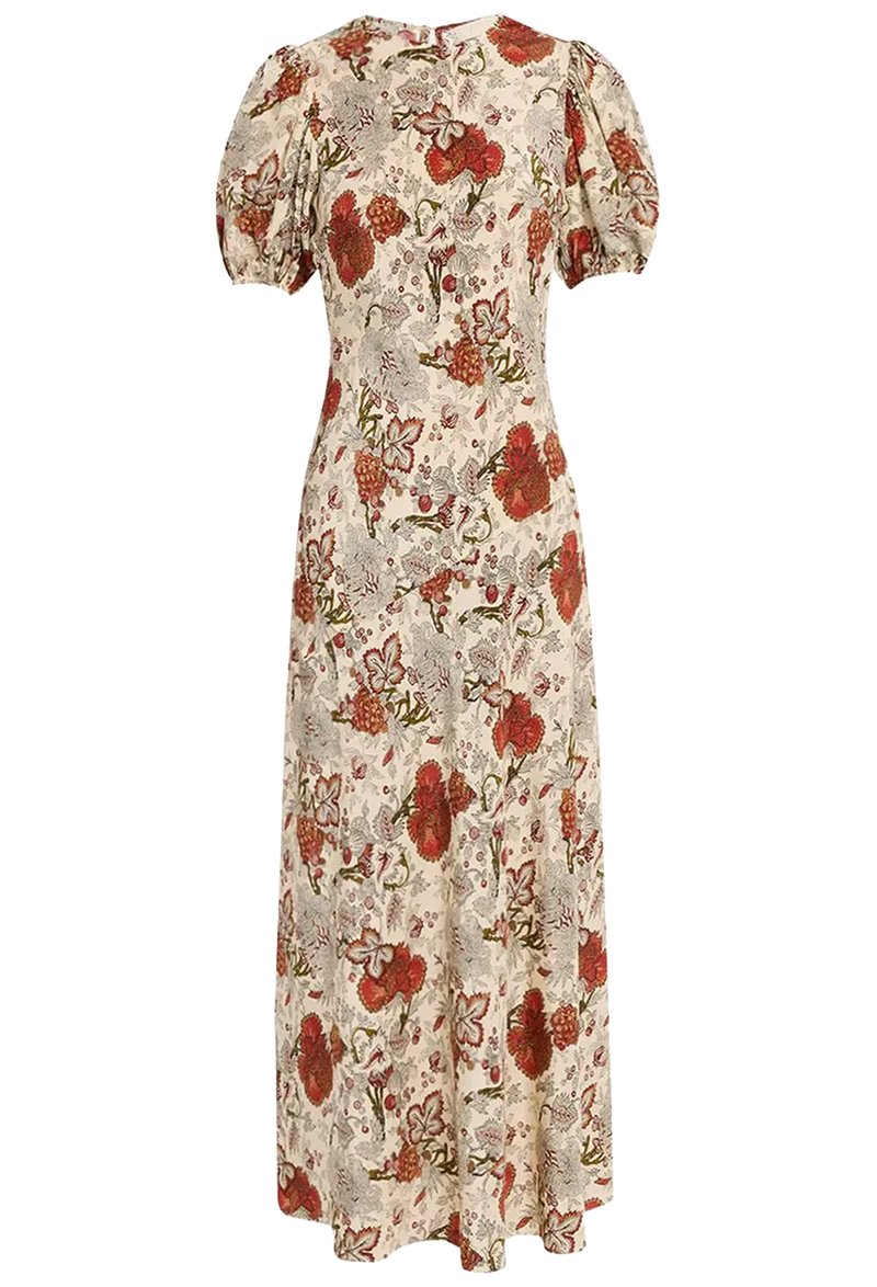 Floral patterned cream and red midi dress on a transparent background