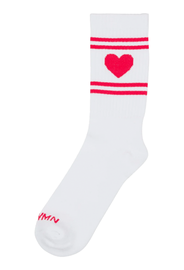 White sock with red heart and stripes on a white background