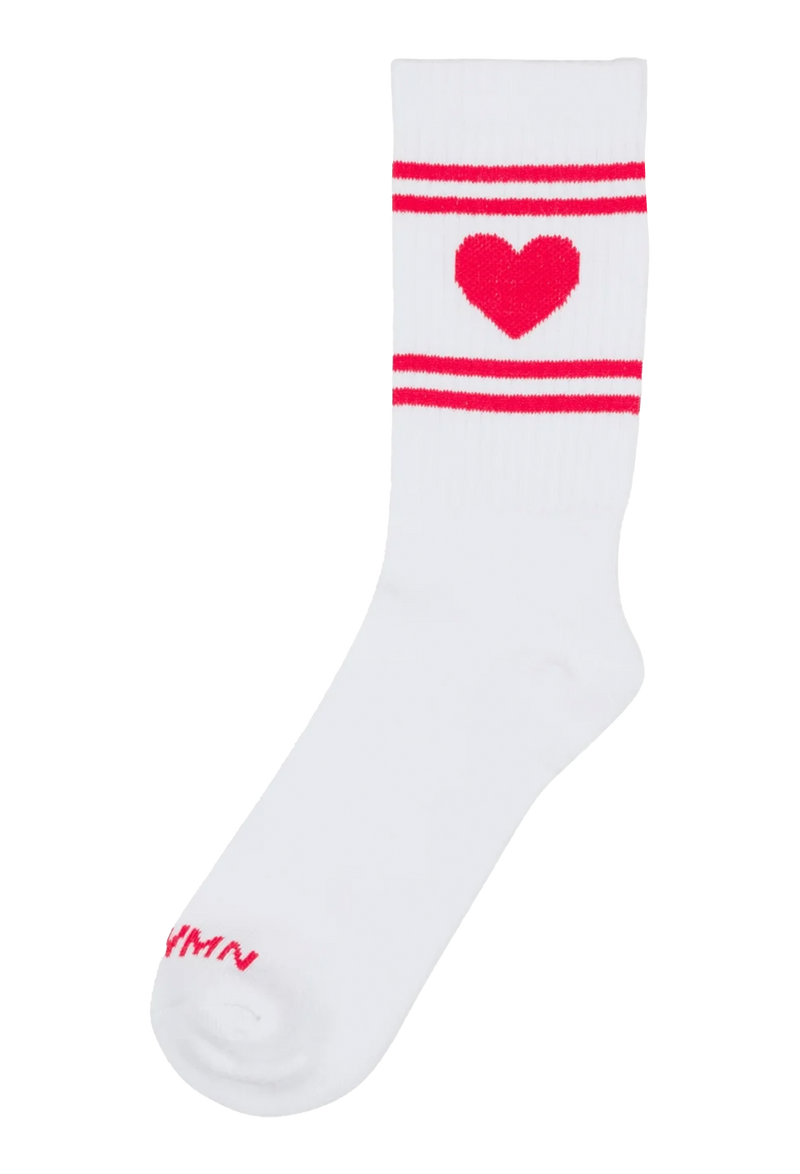 White sock with red heart and stripes on a white background