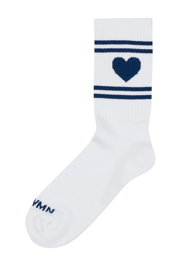 White sock with blue heart and stripes on a white background
