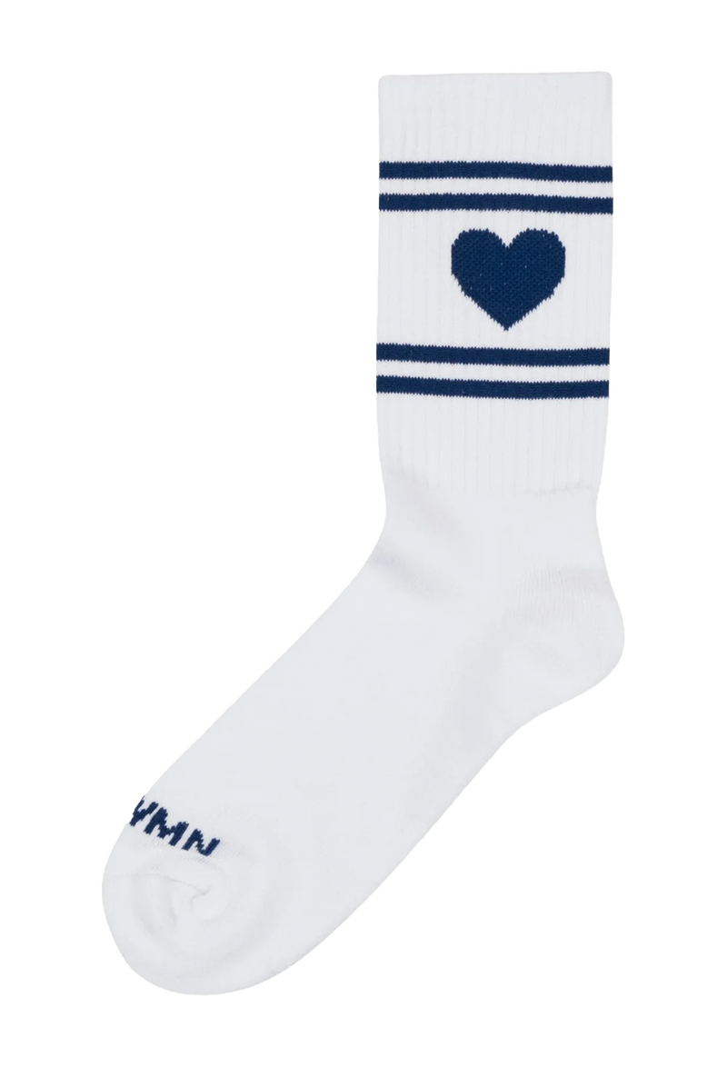 White sock with blue heart and stripes on a white background