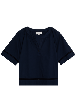Navy blue short-sleeve v-neck button closure top with embroidery trim detail on a transparent background.