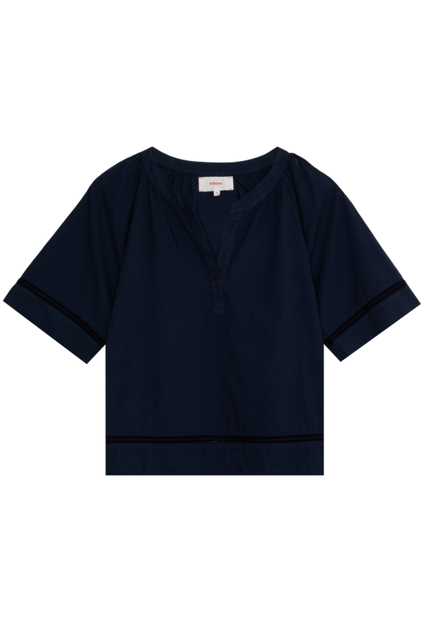 Navy blue short-sleeve v-neck button closure top with embroidery trim detail on a transparent background.