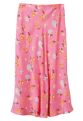 Pink floral patterned midi skirt on a transparent background