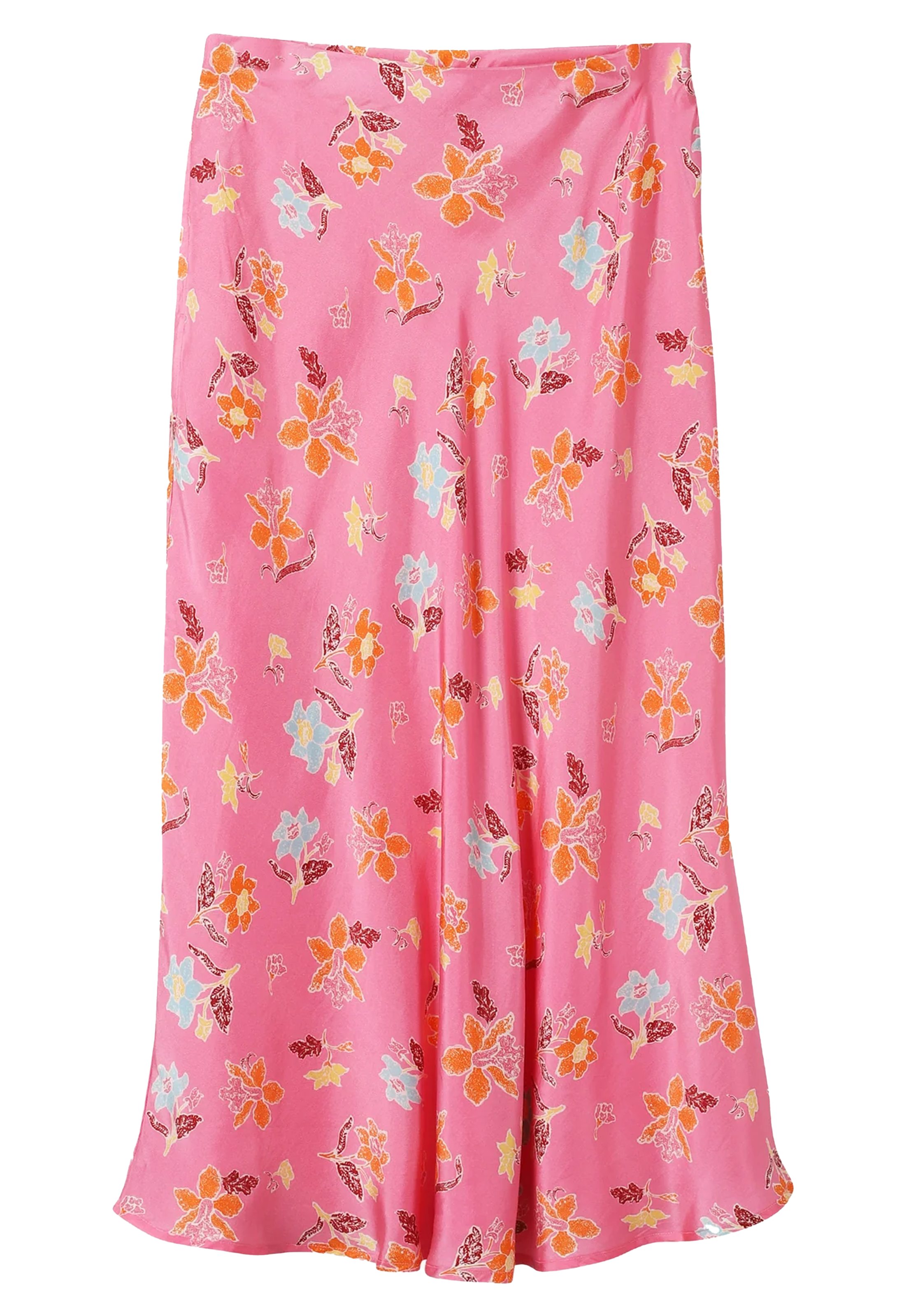 Pink floral patterned midi skirt on a transparent background