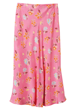 Pink floral patterned midi skirt on a transparent background