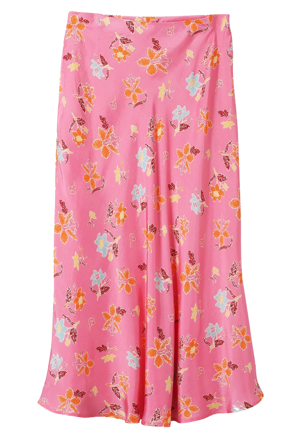 Pink floral patterned midi skirt on a transparent background