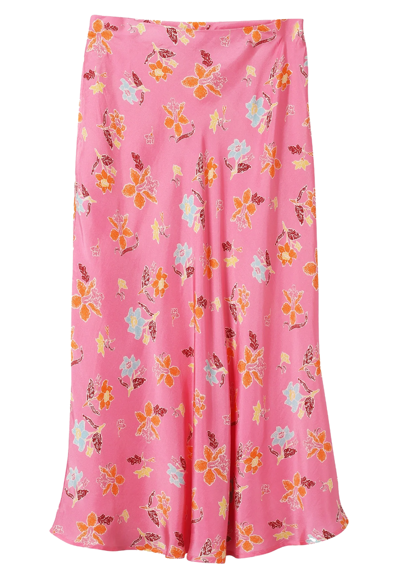 Pink floral patterned midi skirt on a transparent background