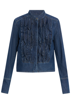 a long sleeve denim button down shirt with a ruffled tuxedo panel and mandarin collar. transparent background.