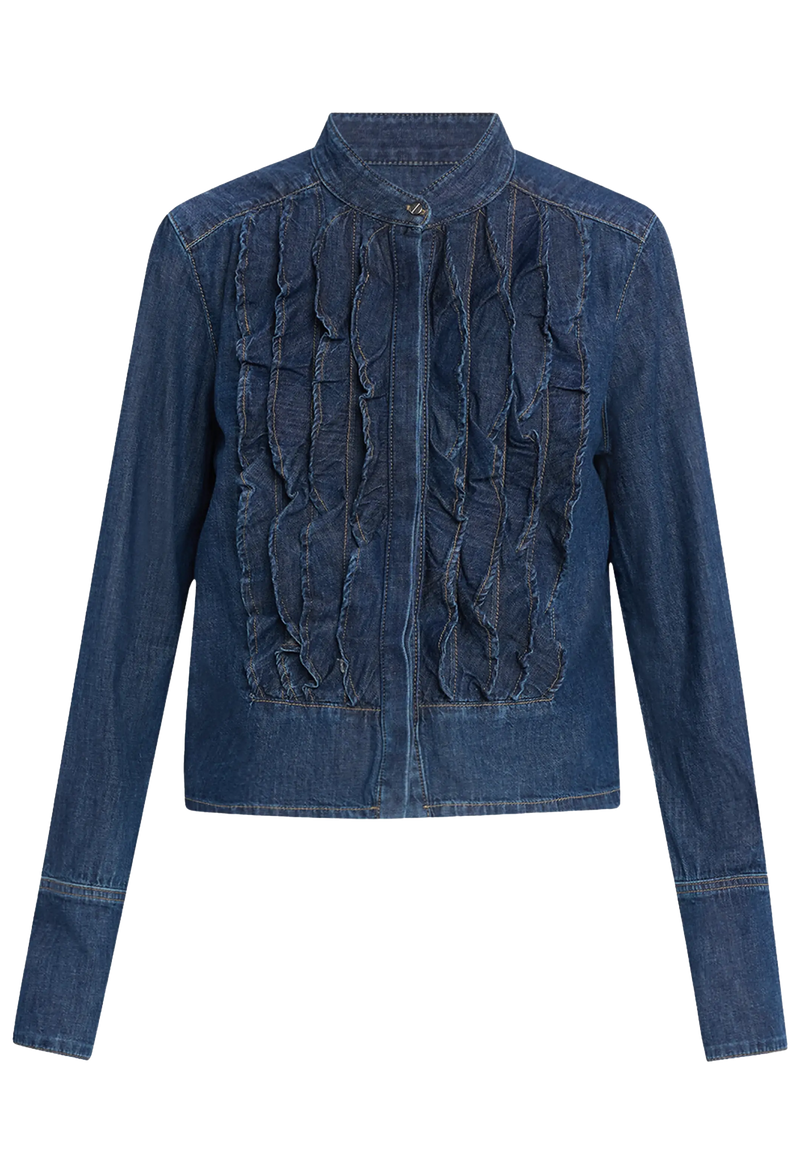 a long sleeve denim button down shirt with a ruffled tuxedo panel and mandarin collar. transparent background.