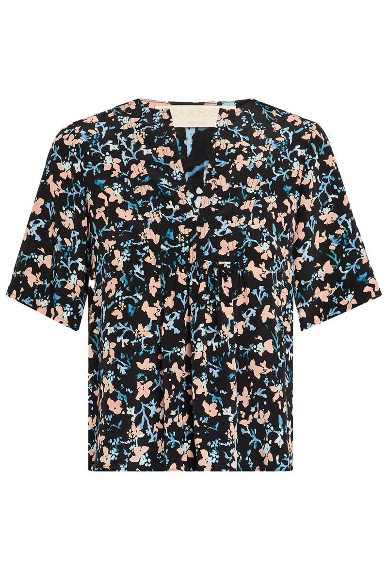 a black short sleeve top with painterly florals in peach and blue. transparent background.