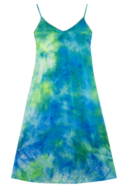a silk tie dyed blue and green midi slip dress on a transparent background