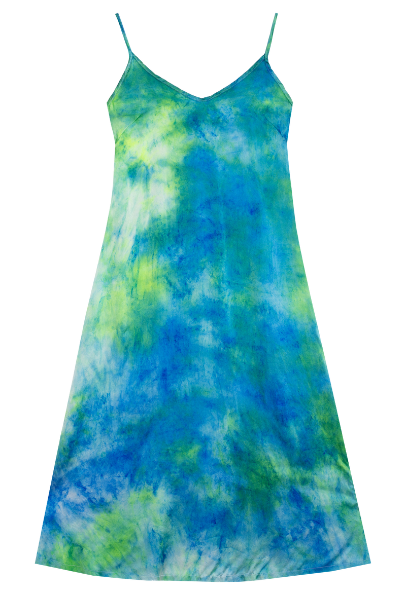 a silk tie dyed blue and green midi slip dress on a transparent background