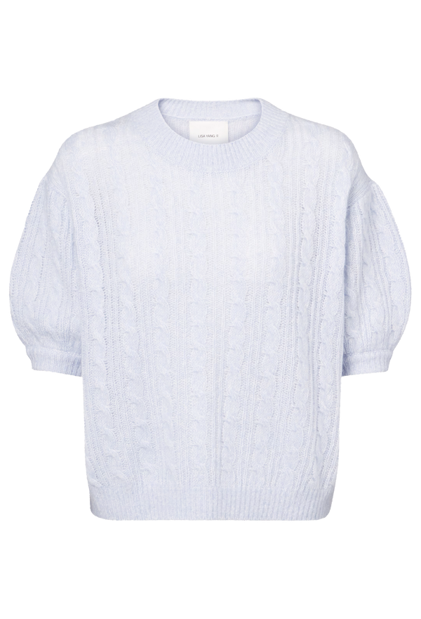 Light blue cable knit 3/4 sleeve sweater on a transparent background