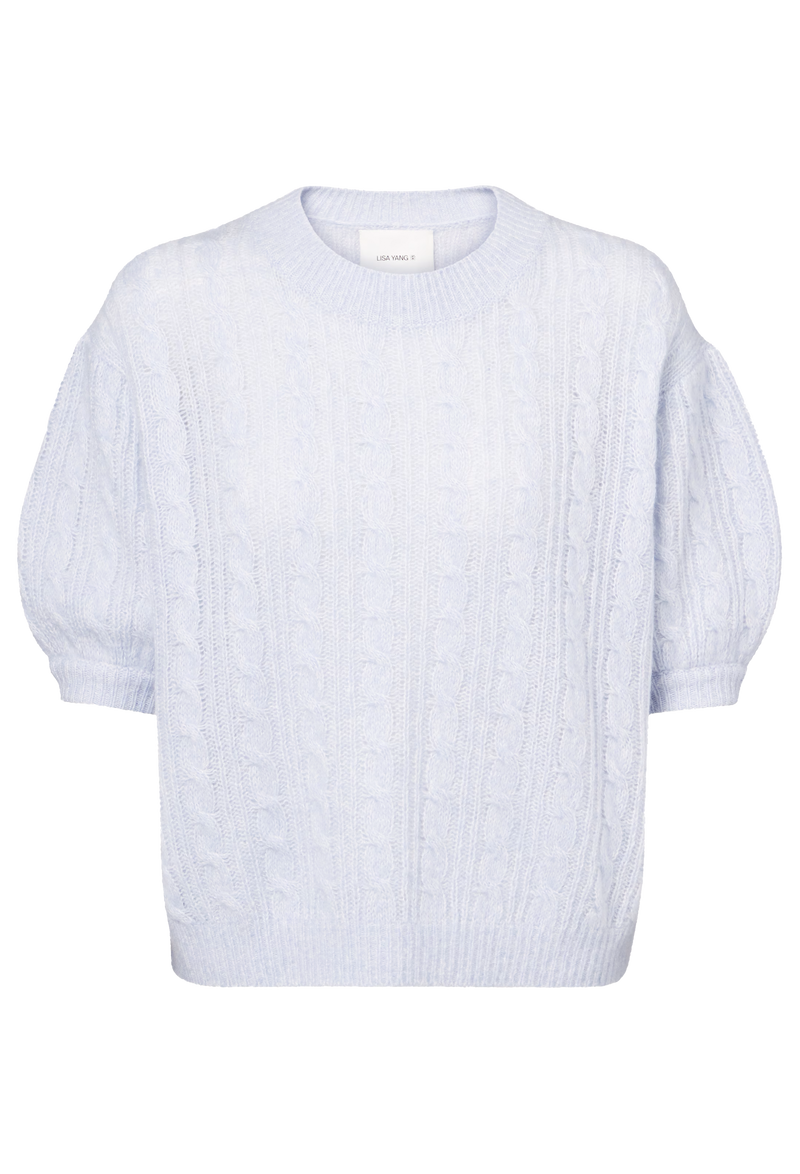 Light blue cable knit 3/4 sleeve sweater on a transparent background