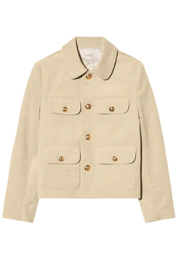 a tan jacket with four flap pockets and gold buttons. transparent background