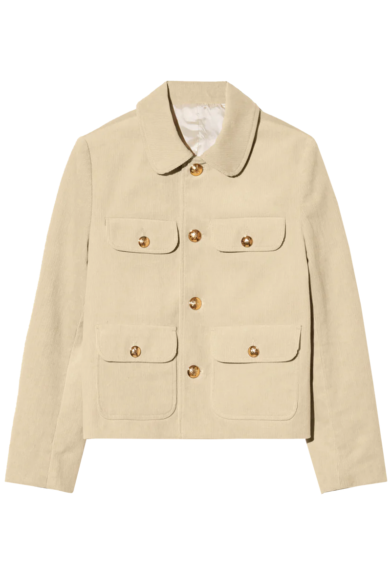 a tan jacket with four flap pockets and gold buttons. transparent background