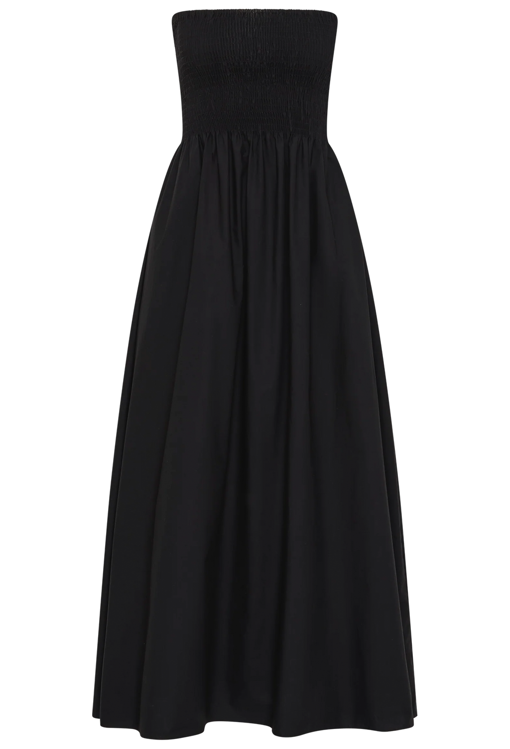 Black strapless midi dress on a transparent background