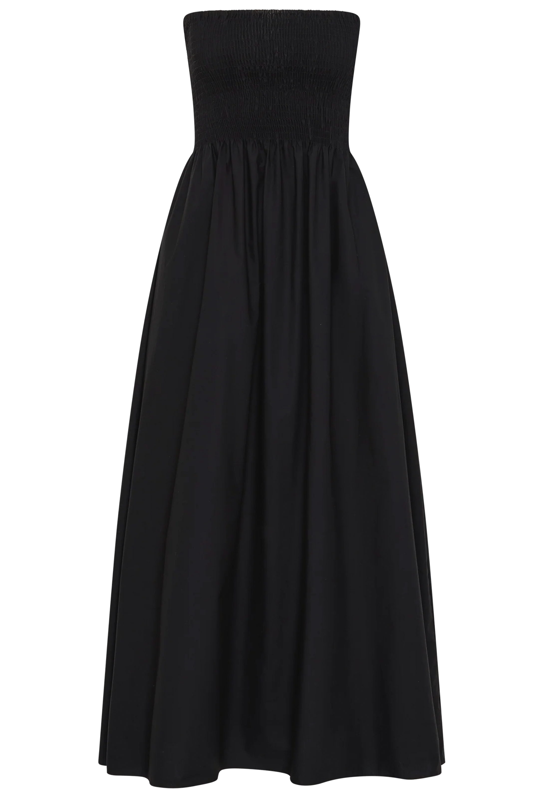 Black strapless midi dress on a transparent background