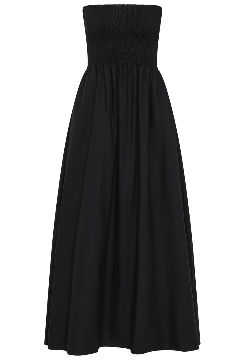 Black strapless midi dress on a transparent background