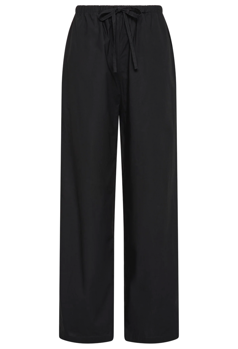 Black straight-leg pants with a drawstring waist on a transparent background