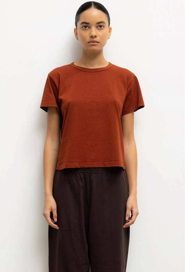 model wearing a red-brown-colored t-shirt and maroon pants on a white background