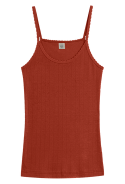 Red-brown pointelle tank top with thin straps on a transparent background