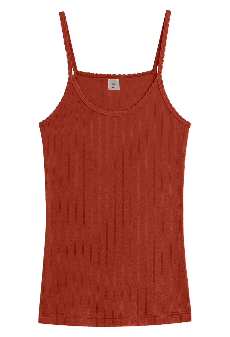 Red-brown pointelle tank top with thin straps on a transparent background