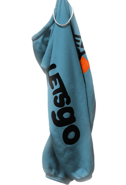 Blue sweatpants with 'LETSGO' text on a transparent background